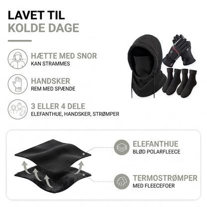 Elefanthue sæt opbygning: blød polarfleece og termostrømper med fleecefoer