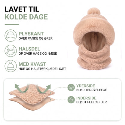 Hue og halstørklæde sæt dame – materialekort: plyskant, halsdel, kvast, yderside teddyfleece, inderside fleecefoer