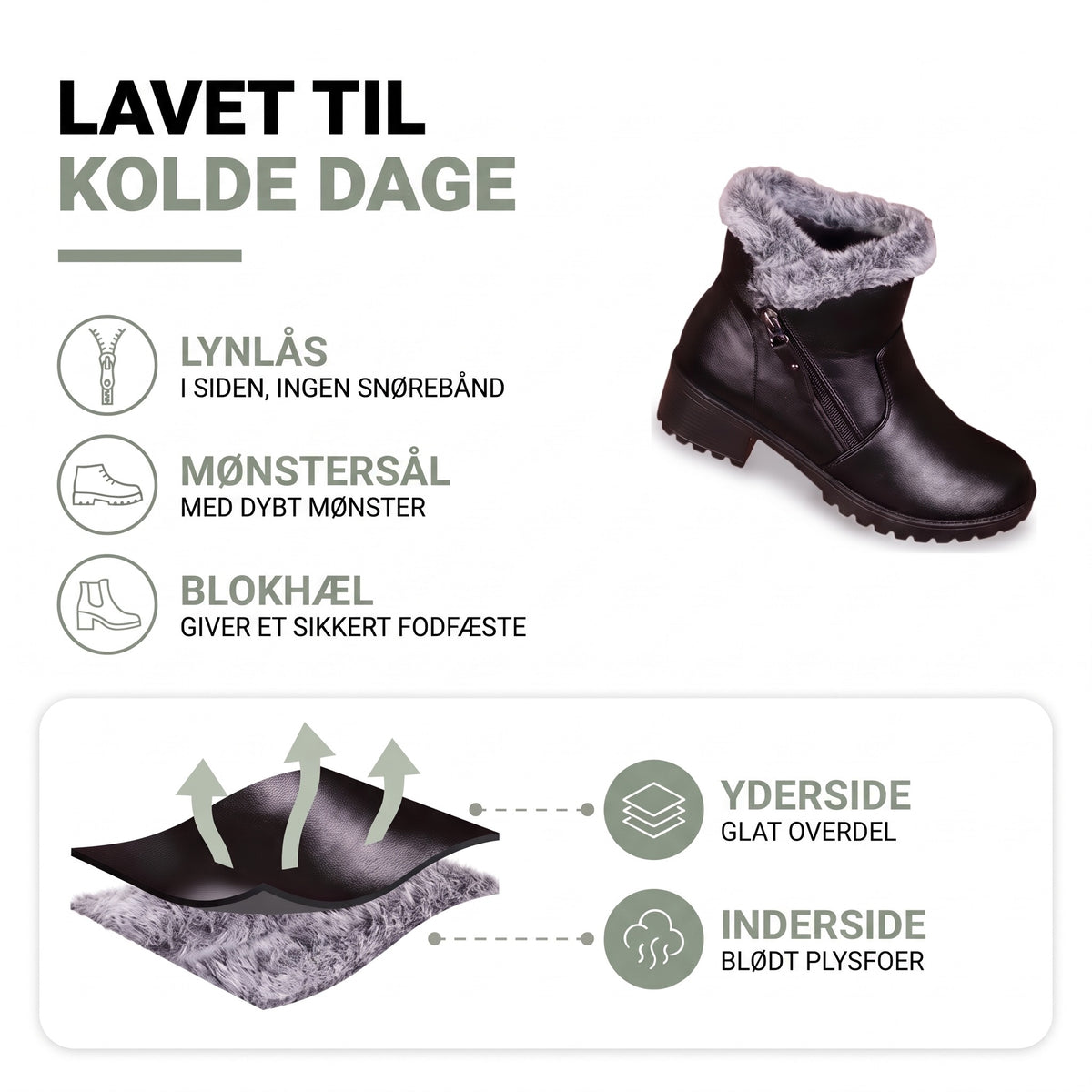 Forede vinterstøvler dame: lynlås, mønstersål, blokhæl, glat overdel og blødt plysfoer