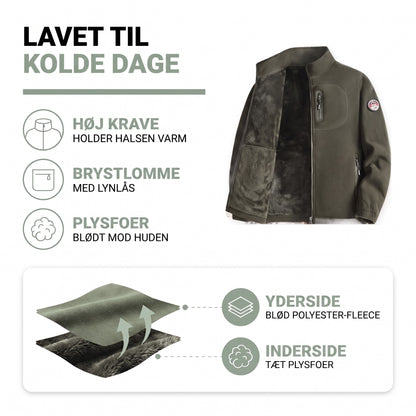 Fleecejakke herre opbygning: polyester-fleece udenpå, tæt plysfoer indeni