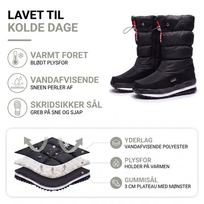 Vinterstøvler dame med for – opbygning: vandafvisende polyester, plysfor og gummisål med 3 cm plateau