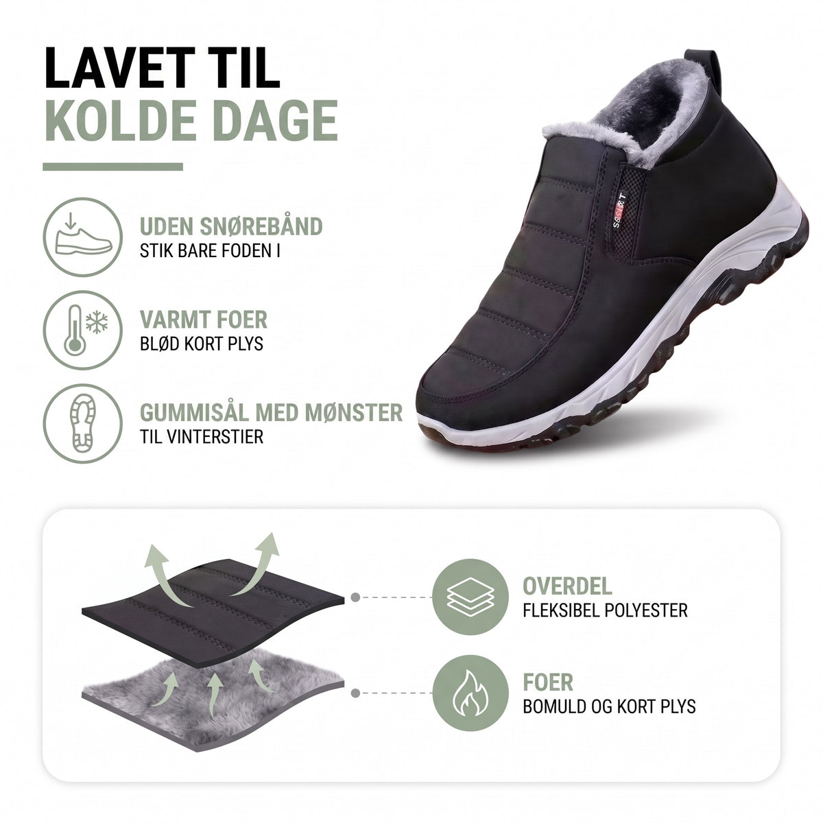 Vintersko dame foret – opbygning: fleksibel polyester og foer af bomuld og kort plys