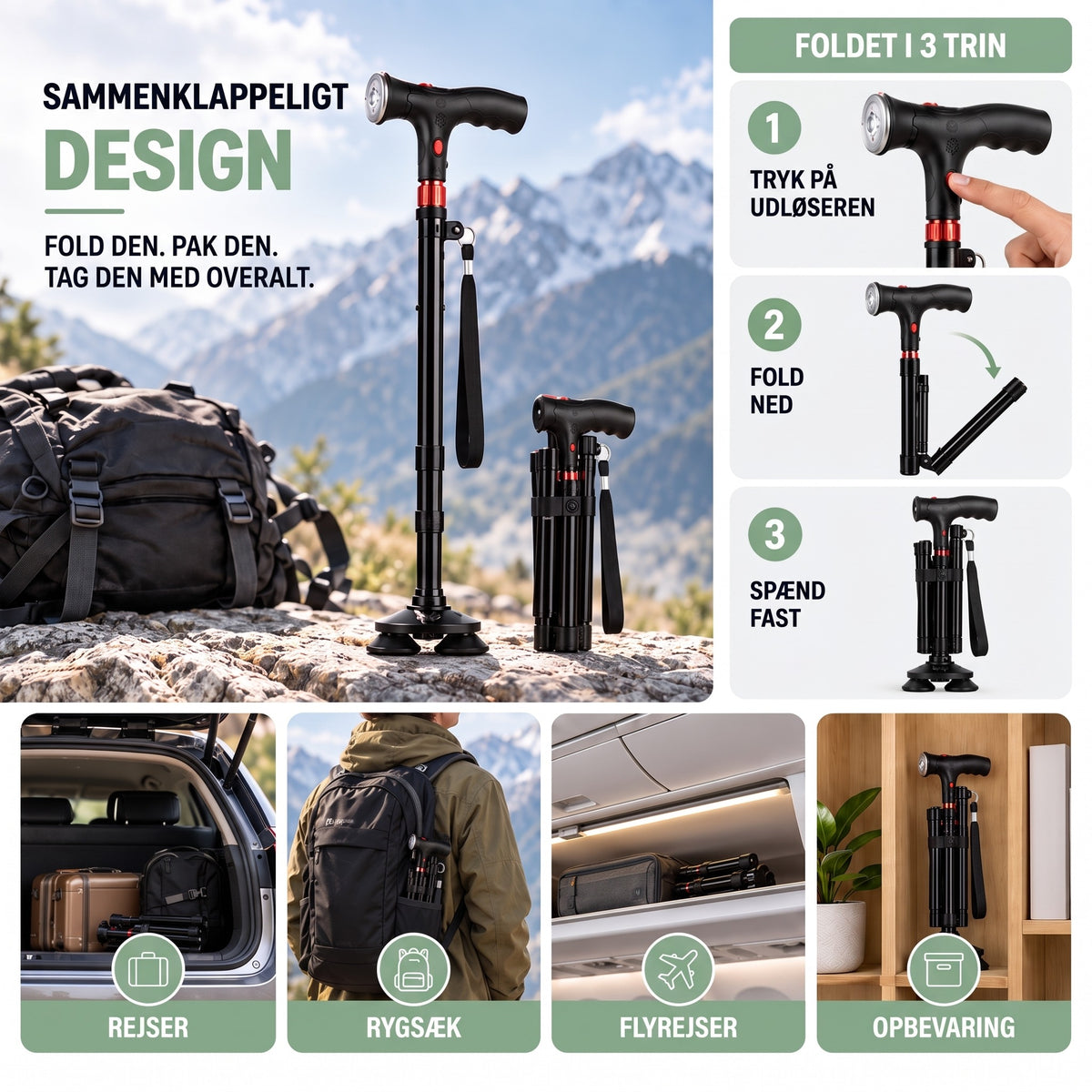 Sammenklappelig stok – foldet i 3 trin til rejsen