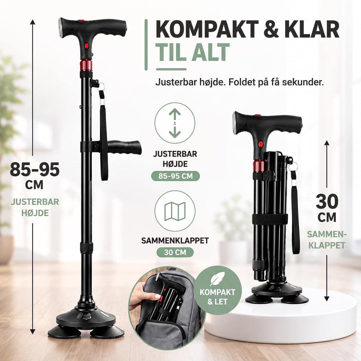 Sammenklappelig stok – højde 85–95 cm, foldet 30 cm