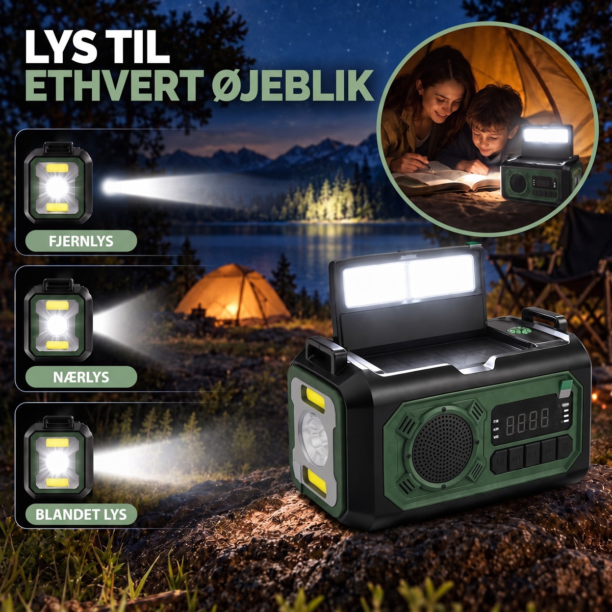 Nødradio lommelygte med tre lystilstande og læselampe om natten