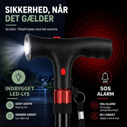 Stok med LED-lys og SOS-alarm i håndtaget om natten