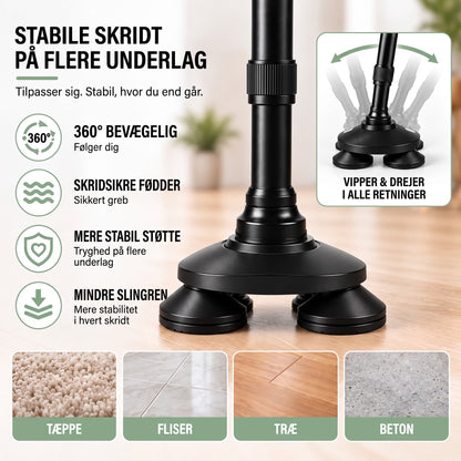 Stok med firbenet fod – skridsikre gummifødder på mange underlag