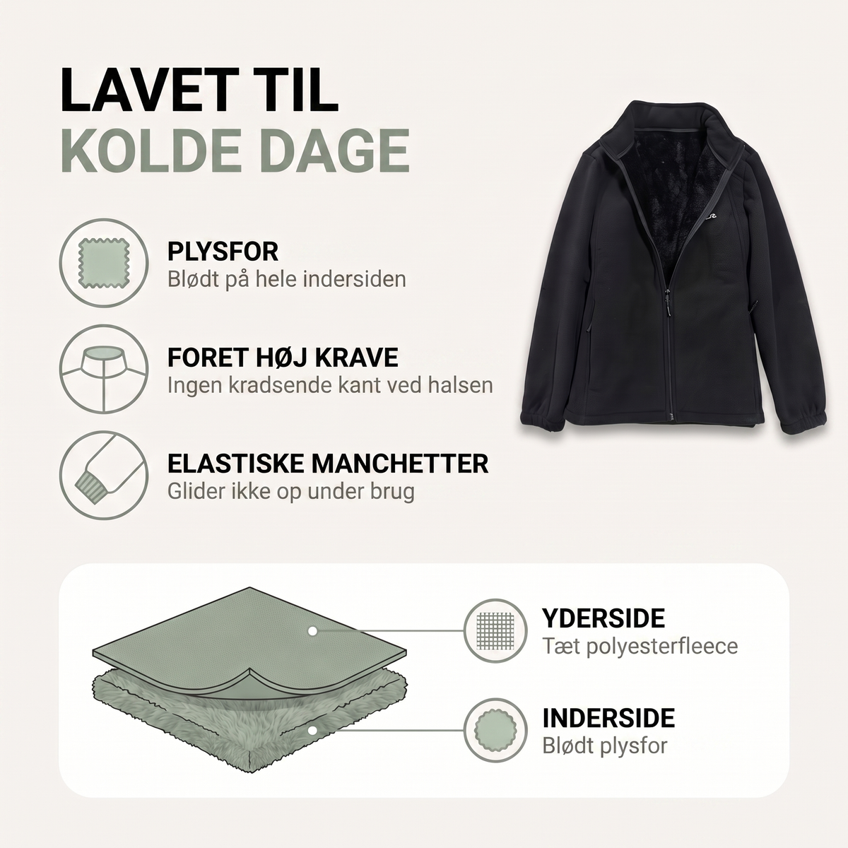 Fleecetrøje dame høj krave med lynlås i detalje