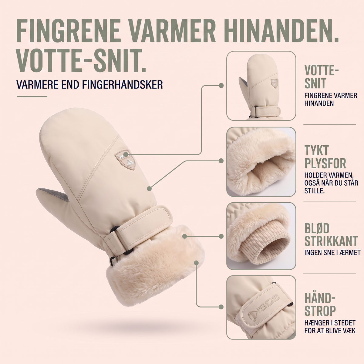 Skihandsker dame lyserød set bagfra