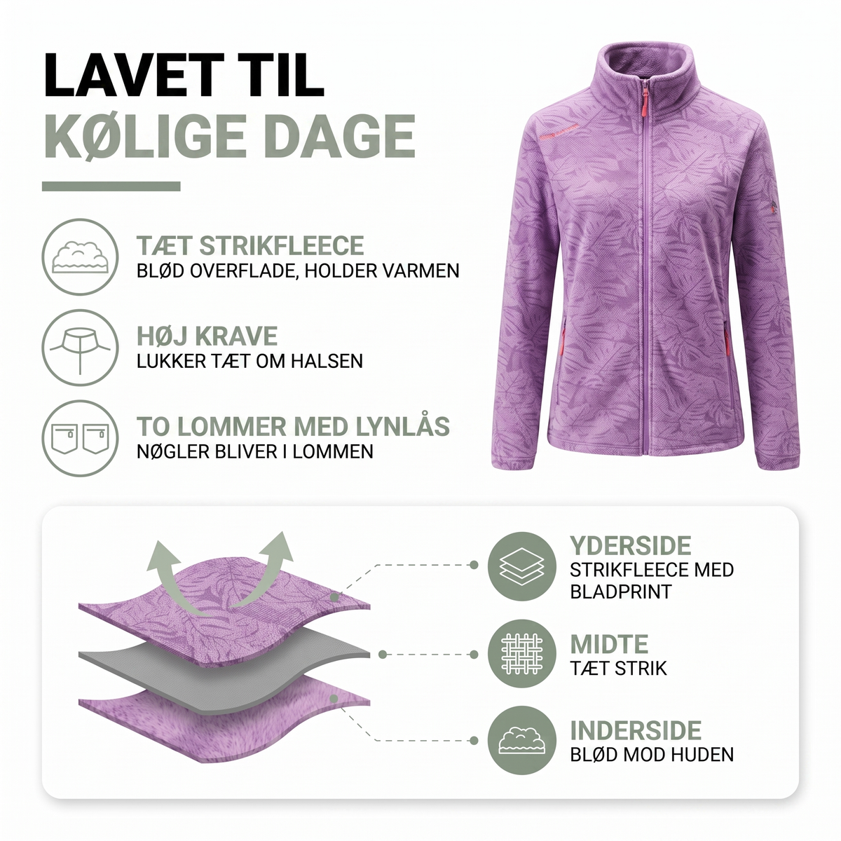 Fleecejakke dame i lysegrøn med lynlåslommer