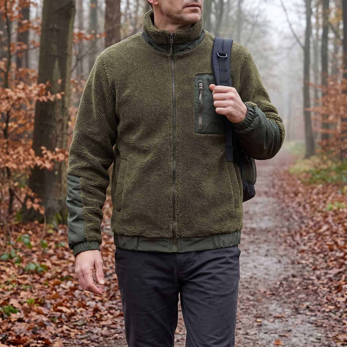 Fleecejakke herre i olivengrøn teddyfleece, båret på en skovsti om efteråret