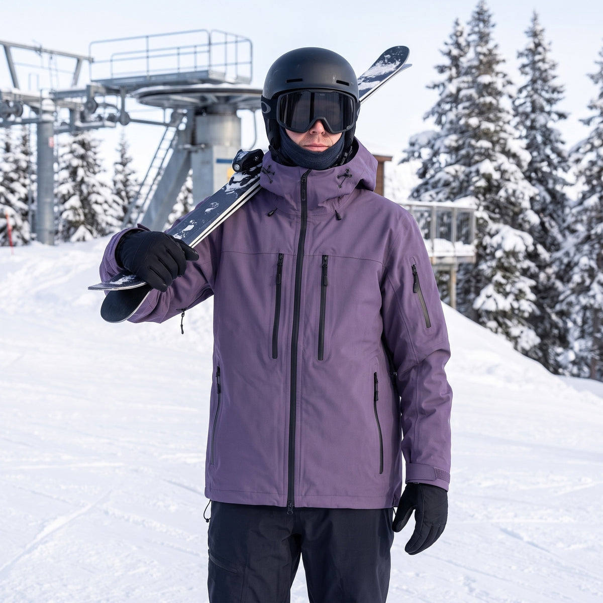 Vinterjakke Unisex – med ski på skulderen ved liften