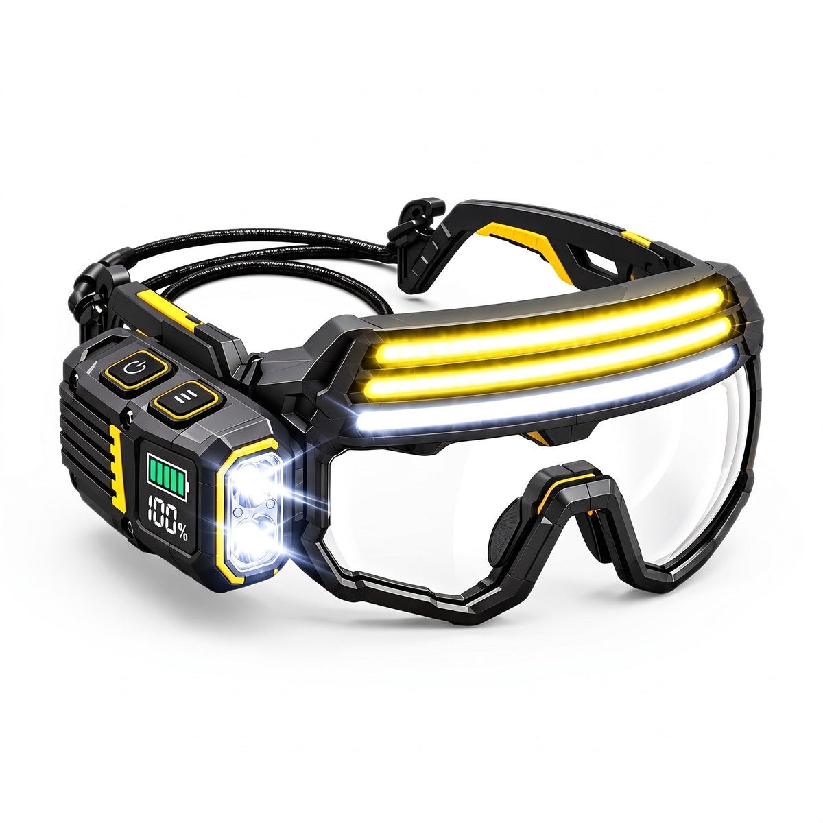 Pandelampe LED som lysbrille i sort-gul, produktfoto på hvid baggrund