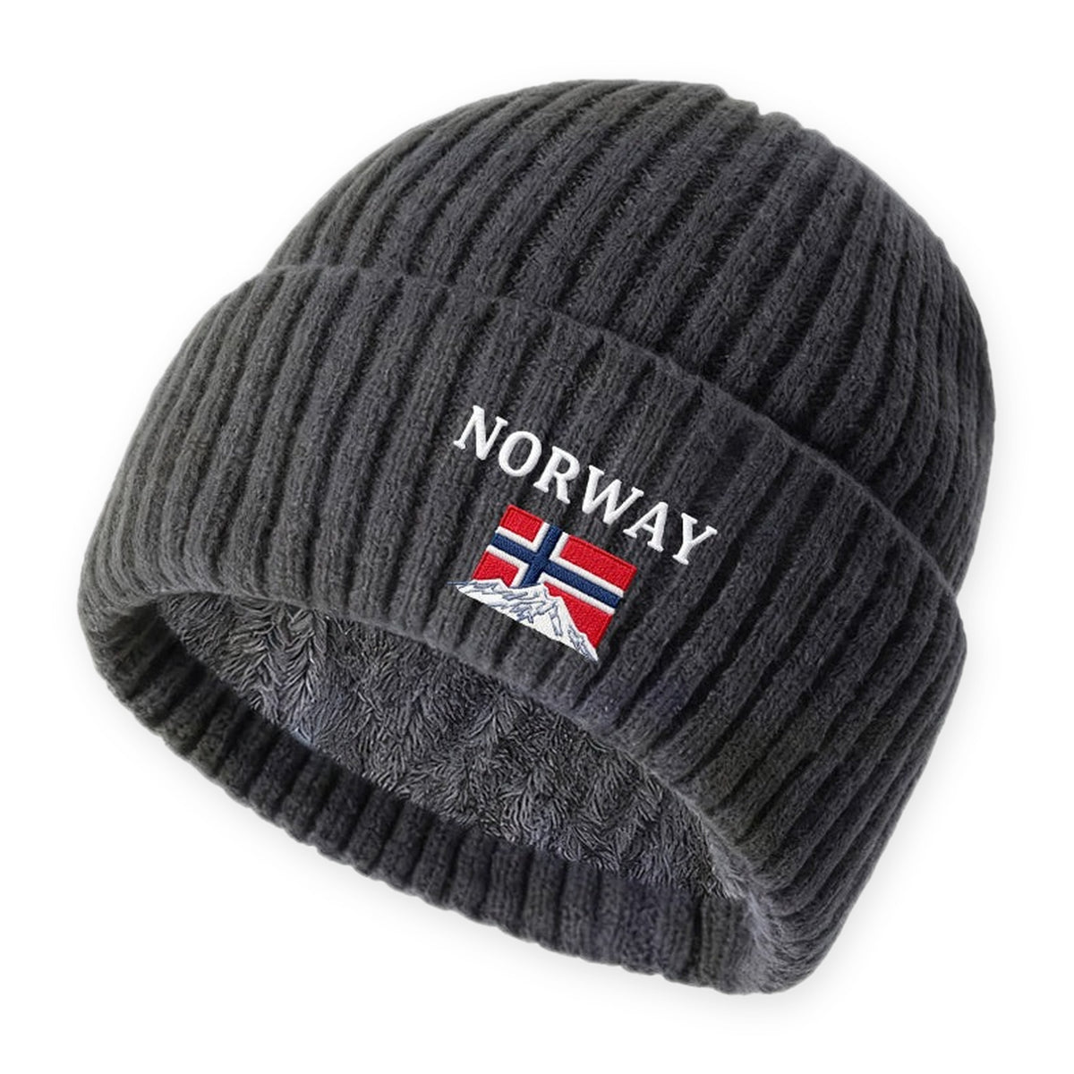 Strikhue, farve: mørkegrå, med NORWAY-broderi på hvid baggrund