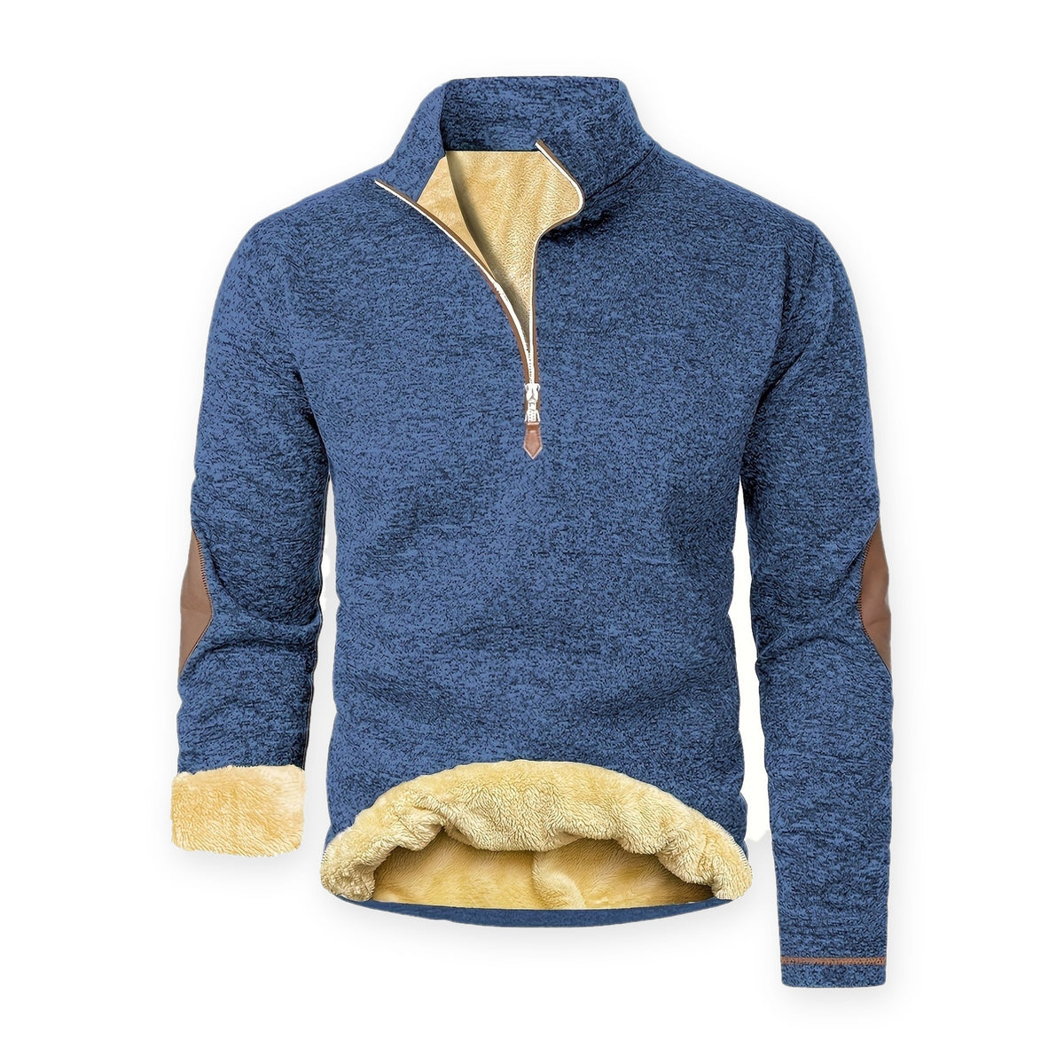 Striktrøje herre i blå – strik med teddyfleece-for og lynlås