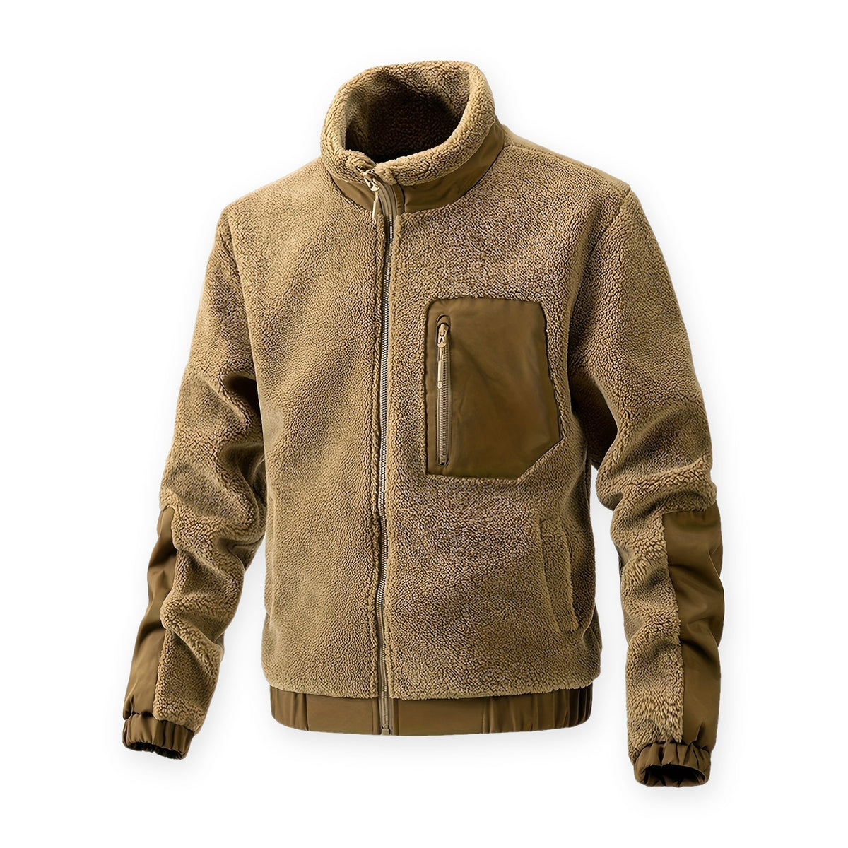 Fleecejakke herre i camel teddyfleece med høj krave
