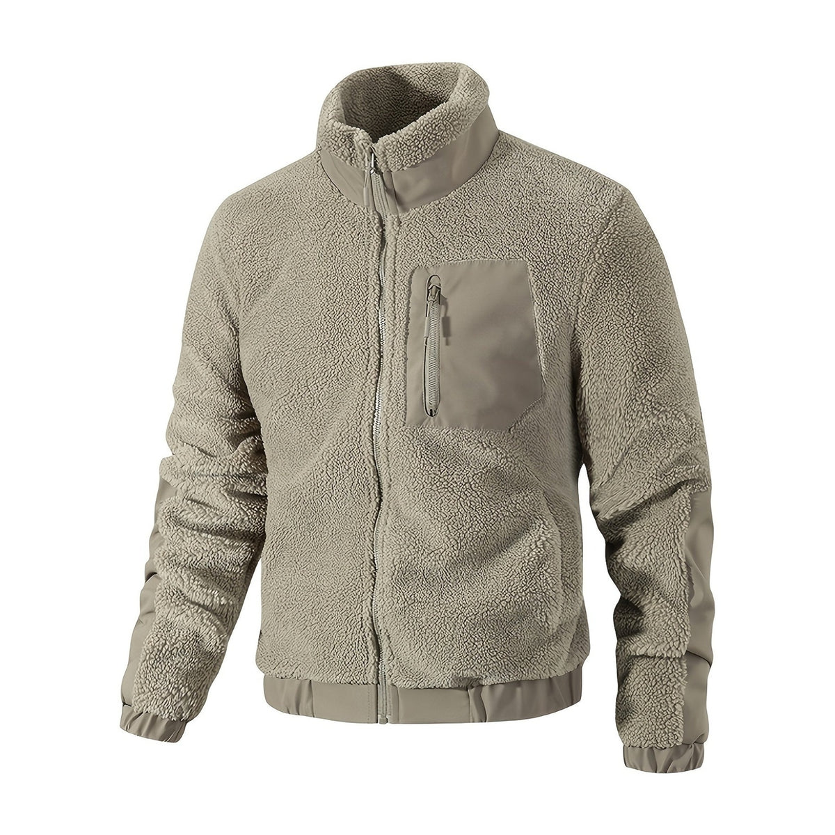 Fleecejakke herre i gråbrun teddyfleece med høj krave