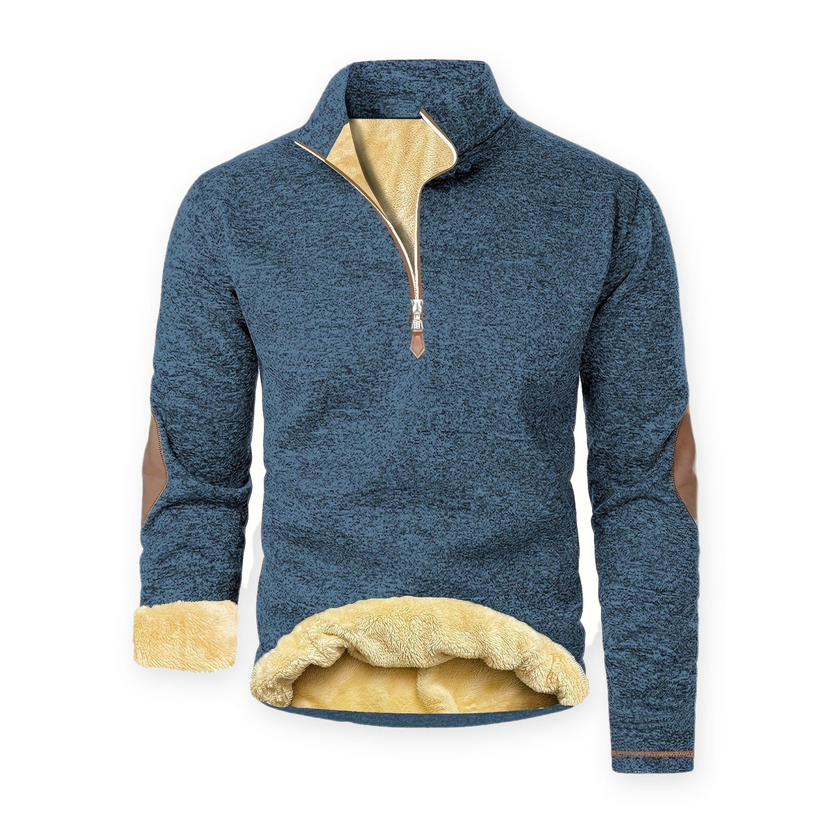 Striktrøje herre i petroleumsblå – strik med teddyfleece-for og lynlås