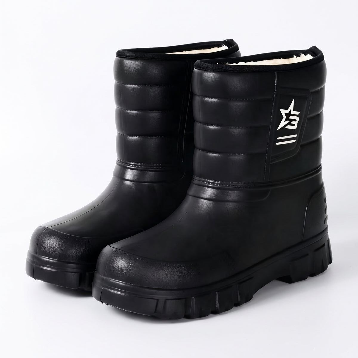 Vinterstøvler herre sort, forede slip-on gummistøvler på hvid baggrund