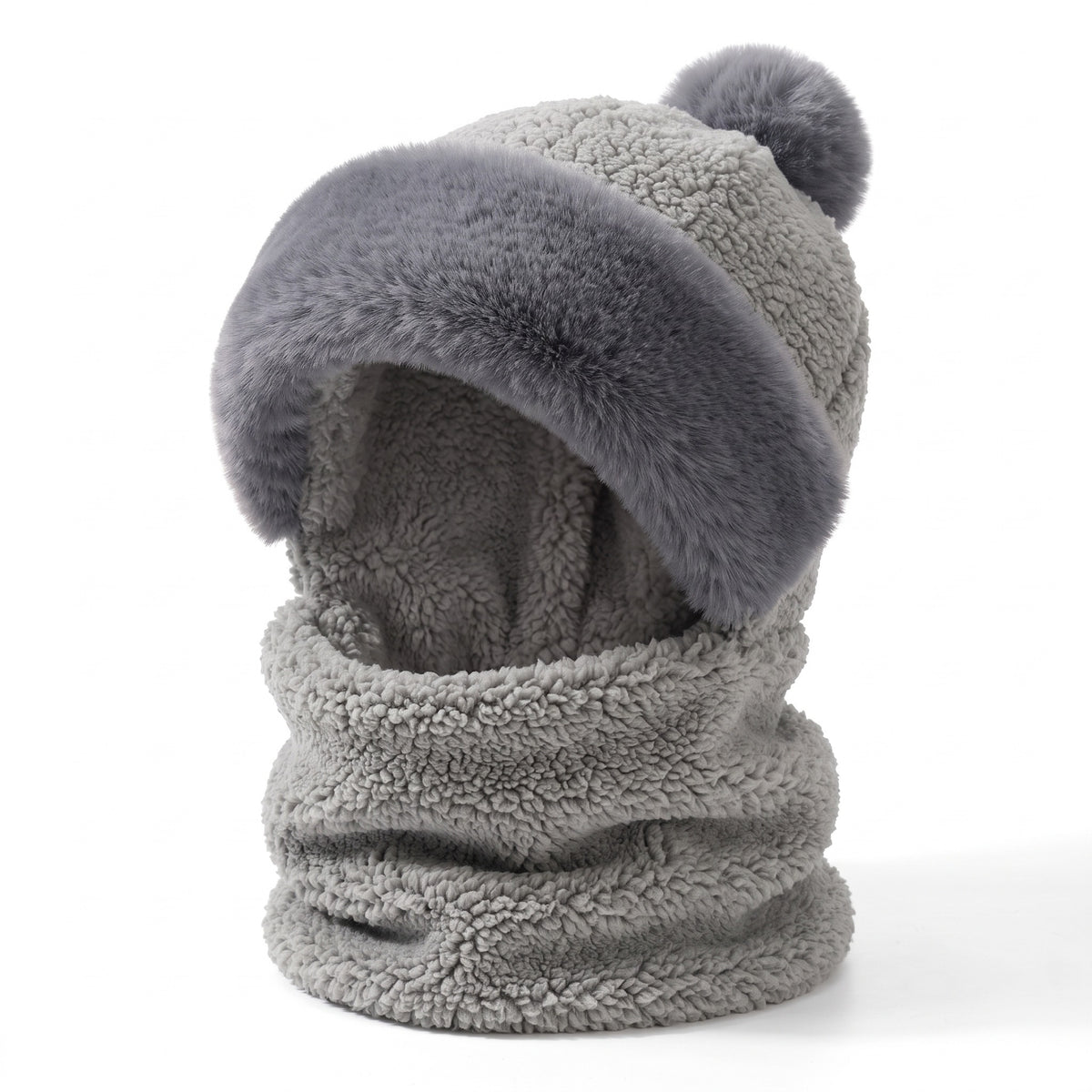 Hue og halstørklæde sæt dame i grå – teddyfleece med grå plyskant og kvast