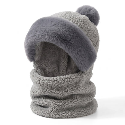 Hue og halstørklæde sæt dame i grå – teddyfleece med grå plyskant og kvast