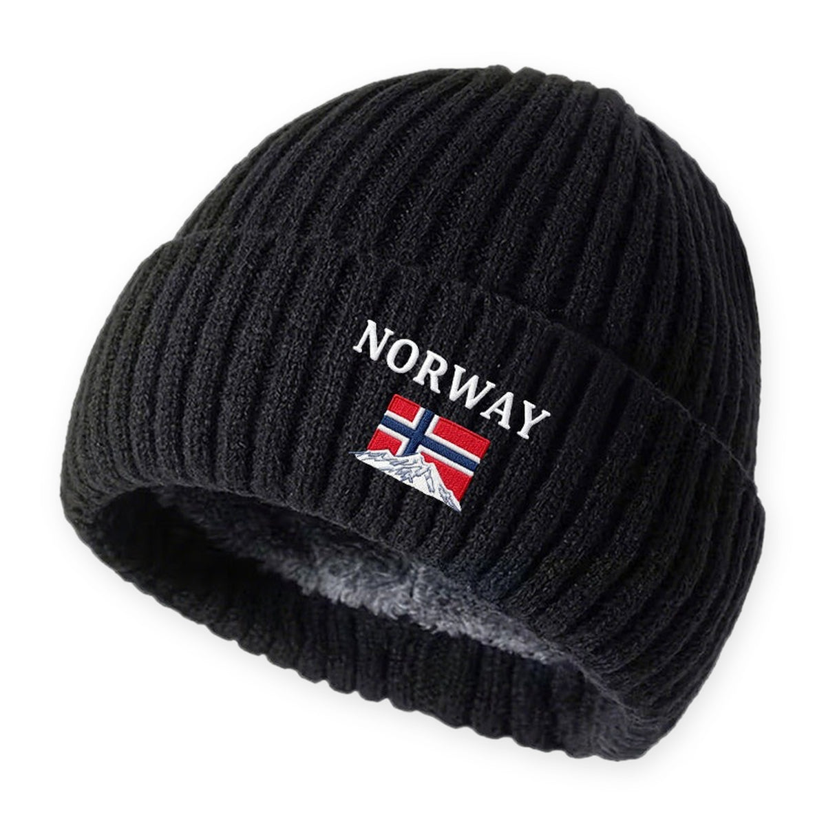 Strikhue sort med ombukket kant og norsk flag på hvid baggrund